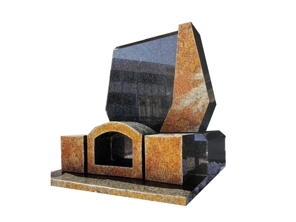 斜めカットのモダン洋墓
ツートン配色　
アーチ型
香炉付き　